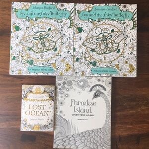 4 Coloring Books Johanna Basford Ivy Inky Butterfly, Lost Ocean, Paradise Island